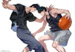  2boys armpit_peek arms_up ball basketball basketball_(object) black_eyes black_hair black_shirt black_tank_top blue_eyes blue_pants closed_mouth clothes_lift eye_contact face-to-face feet_out_of_frame grey_shorts highres holding holding_ball looking_at_another male_focus midriff_peek motion_blur multiple_boys niarwol pants parted_lips pectorals playing_sports rukawa_kaede sendou_akira shirt short_hair shorts sidepec simple_background slam_dunk_(series) smile spiked_hair sweat tank_top toned toned_male white_background 
