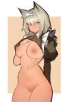  1girl arknights blush breasts commentary cowboy_shot distr english_commentary green_eyes green_hair highres kal&#039;tsit_(arknights) looking_at_viewer maid medium_breasts nipples official_alternate_costume short_hair simple_background solo v-shaped_eyebrows 