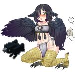  1girl ? absurdres animal_ears bandeau bare_shoulders bird_ears bird_legs black_feathers black_hair black_wings blonde_hair blush breasts center_opening commentary creature_and_personification egg feathered_wings feathers gradient_hair green_eyes hair_over_one_eye harpy highres loincloth long_hair midriff minecraft monster_girl multicolored_hair navel open_mouth original personification purple_hair r-dragon simple_background small_breasts spoken_question_mark streaked_hair suggestive_fluid teeth upper_teeth_only white_background winged_arms wings yellow_eyes 