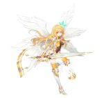  1girl arm_guards armor armored_boots blonde_hair boots breasts commentary_request covered_navel escalation_heroines feathered_wings fingerless_gloves full_body gloves gold_trim hair_ornament hairband highres holding holding_sword holding_weapon leg_up leotard long_hair looking_at_viewer medium_breasts multiple_wings official_art open_mouth see-through shoulder_armor simple_background solo sword thighs weapon white_background wings yellow_eyes yuuki_hagure 