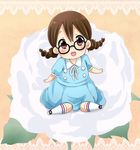  :o absurdres bad_id bad_pixiv_id bespectacled braid brown_eyes brown_hair chibi dress flower glasses highres hirasawa_yui k-on! k-on!_movie minigirl official_style on_flower oversized_object ragho_no_erika rose singing! sitting solo twin_braids 