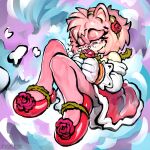 amy_rose anthro armwear bare_legs bodily_fluids clothed clothing elbow_gloves eulipotyphlan female floating floral_clothing flower gloves hair handwear heavyrivet hedgehog holding_flower holding_object hologram mammal messy_hair pink_hair plant sega slippers sonic_the_hedgehog_(series) tears weightlessness