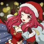  1girl blue_cape bodysuit cape christmas facial_mark fire_emblem fire_emblem_engage fire_emblem_heroes hair_ornament hat highres holding holding_sack holly_hair_ornament ice_pick multicolored_cape multicolored_clothes oda32t official_alternate_costume red_bodysuit sack santa_hat solo star_(symbol) star_facial_mark star_hair_ornament star_print two-tone_cape v yunaka_(fire_emblem) yunaka_(fire_emblem)_(spirited_envoy) 