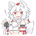  1girl :d animal_ear_fluff animal_ears black_gloves breast_curtain breasts fang fingerless_gloves fumomono gloves hat highres inubashiri_momiji looking_at_viewer open_mouth pom_pom_(clothes) red_eyes ribbon-trimmed_sleeves ribbon_trim short_hair simple_background smile solo tail tokin_hat touhou underboob white_background white_hair white_sleeves wolf_ears wolf_girl wolf_tail 