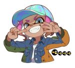  1girl baseball_cap blue_eyes blue_jacket breast_pocket buttons dark-skinned_female dark_skin eyebrow_cut fangs gradient_hair green_jacket grin hat inkling inkling_girl iridescent jacket long_sleeves looking_at_viewer multicolored_clothes multicolored_eyes multicolored_hair multicolored_jacket orange_eyes orange_hair orange_jacket pink_hair pocket shirt short_hair simple_background smile solo splatoon_(series) tentacle_hair teo_(teorekka) two-tone_hair unbuttoned unbuttoned_jacket upper_body white_background white_shirt 