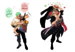  2boys black_coat black_footwear black_hair black_pants blue_shorts closed_eyes coat colored_skin crezz_(infj_crezz) english_commentary flip-flops flustered green_hair haramaki hat heart highres hug jewelry kiss kissing_forehead male_focus mature_male monkey_d._luffy multiple_boys one_piece pants pushing red_tank_top ring roronoa_zoro sandals shirt shorts simple_background sitting_on_shoulder smile straw_hat sword tan tank_top teeth weapon white_background white_shirt white_skin yaoi yellow_shorts 