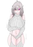  1girl absurdres ahoge bare_shoulders blush breasts cable_knit detached_sleeves eyes_visible_through_hair frim_02 grey_hair grey_sweater hair_ornament hair_over_one_eye highres large_breasts long_hair looking_at_viewer meme_attire mole mole_under_eye naked_sweater nijisanji pink_eyes ribbed_sweater simple_background sleeveless sleeveless_turtleneck solo sukoya_kana sweater turtleneck turtleneck_sweater virgin_killer_sweater virtual_youtuber x_hair_ornament 