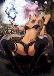  bikini boots choker dark_skin highres horns muso-comet navel original panties purple_hair saucer side_ponytail sitting solo swimsuit tattoo thighhighs underwear water 