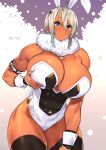  1girl 23_(real_xxiii) abs absurdres ahoge animal_ears blonde_hair blue_eyes blush breasts cleavage covered_navel covered_nipples dark-skinned_female dark_skin fur_collar highres huge_breasts jewelry large_breasts muscular muscular_female navel obliques original rabbit_ears sela_(23) short_hair solo toned 