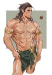  1boy abs absurdres arm_hair baldur&#039;s_gate baldur&#039;s_gate_3 bara braid brown_eyes brown_hair chest_hair dungeons_and_dragons elf facial_tattoo green_shorts greensalad350 half_updo halsin highres male_focus mature_male medium_hair muscular muscular_male nipples pointy_ears scar scar_on_face shorts side_braid simple_background tattoo thick_eyebrows thick_thighs thighs topless_male 