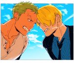  2boys angry black_jacket black_necktie blue_shirt blue_sky brown_eyes cigarette clenched_teeth cloud colored_skin commentary earrings green_hair head_bump highres jacket jewelry kzwtr8 male_focus mature_male multiple_boys necktie one_piece roronoa_zoro sanji_(one_piece) shirt sky suit_jacket tan teeth white_background white_shirt white_skin 