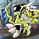 anthro bandai_namco claws digimon digimon_(species) green_eyes grin hi_res male pulsemon re07722035 smile solo spikes toe_claws yellow_body