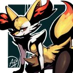 abstract_background all_fours annoyed anthro aph_(artist) braixen crows_feet female generation_6_pokemon nintendo pain painting_(artwork) pokemon pokemon_(species) solo traditional_media_(artwork)