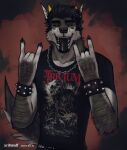 abstract_background acidwuff anthro arm_hair black_bracelet black_clothing black_hair black_sclera black_shirt black_t-shirt black_topwear body_hair bracelet canid cheek_tuft clothed clothing devil_horns_(gesture) facial_tuft fangs front_view fur gesture grey_body grey_fur hair half-length_portrait hi_res jewelry looking_at_viewer male mammal narrowed_eyes neck_tuft open_mouth orange_eyes portrait shirt short_hair solo spiked_bracelet spikes t-shirt teeth tongue tongue_out topwear tuft