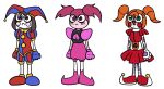 cartoon_network circus_baby_(fnaf) clothing female five_nights_at_freddy&#039;s gem_(species) gloves group handwear humanoid jester jester_outfit machine pink_outfit pomni_(the_amazing_digital_circus) red_outfit robot robot_humanoid sad sad_expression scottgames spinel_(steven_universe) standing steven_universe trio