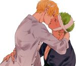  2boys bandaged_chest bandaged_head bandages black_shirt blonde_hair colored_skin earrings flustered green_hair half-closed_eyes highres jewelry kiss kzwtr8 male_focus mature_male multiple_boys one_piece roronoa_zoro sanji_(one_piece) scar scar_on_chest shirt short_hair simple_background single_earring tan teeth white_background white_shirt white_skin yaoi 