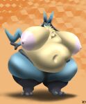 anthro areola big_areola big_breasts black_nose breasts cute_fangs female fluffy generation_4_pokemon hi_res huge_belly huge_breasts huge_thighs lucario lucelia_(mop) mop_(artist) nintendo obese overweight paws pokemon pokemon_(species) solo tail thick_thighs yellow_eyes