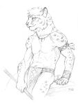 abs anthro biped bottomwear claws clothed clothing felid feline fur hair holding_object holding_weapon loincloth male mammal muscular muscular_anthro muscular_male sitting skitalets solo topless weapon