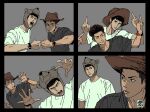  2boys bear_hat beomtu2443 black_eyes black_hair brown_eyes brown_hair closed_mouth cowboy_hat dark-skinned_male dark_skin earrings fist_bump grey_background grey_shirt hat highres jewelry looking_at_another looking_at_viewer male_focus middle_finger mitsui_hisashi miyagi_ryouta multiple_boys multiple_views open_hand open_mouth scar scar_on_chin scar_on_face shirt short_hair simple_background slam_dunk_(series) smile stud_earrings undercut upper_body watch wavy_hair white_shirt wristwatch 