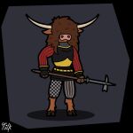 absurd_res anthro armor black_clothing bottomwear bovid bovine brown_body brown_ears brown_fur brown_hair brown_hooves cattle chainmail clothing cuirass digital_drawing_(artwork) digital_media_(artwork) female fur grey_clothing hair hi_res highland_cattle holding_object holding_weapon hooves horn huge_hair legwear long_horn mammal milchritter monika_milchritter_(milchritter) polehammer red_clothing signature solo tan_horn topwear weapon yellow_clothing