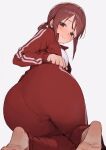  1girl ass ass_focus barefoot blush breasts brown_hair highres idolmaster idolmaster_cinderella_girls jacket looking_at_viewer looking_back medium_breasts mifune_miyu pants pantylines red_jacket red_pants simple_background soles solo sooon sweat track_jacket track_pants white_background 