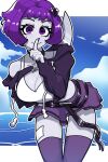  1girl absurdres bandaid_on_thigh blue_sky bob_cut colored_skin finger_to_mouth grey_skin highres holding holding_knife hood hoodie knife looking_at_viewer midriff mole mole_under_eye muds neon_violet neon_white purple_eyes purple_hair purple_nails purple_thighhighs short_hair skirt sky smile thighhighs variant_set 