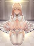  1girl blonde_hair blush breasts cleavage closed_mouth clothing_cutout covered_nipples diamond_earrings dress earrings garter_straps hair_between_eyes headpiece highres huge_breasts indoors jewelry kneeling large_areolae long_hair looking_at_viewer navel navel_cutout nijisanji nipples nui_sociere nui_sociere_(6th_costume) nun official_alternate_costume on_floor own_hands_together paid_reward_available see-through sitting smile solo sweat thighhighs very_long_hair veryhardloco virtual_youtuber white_dress white_thighhighs yellow_eyes 