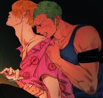  2boys black_eyes blonde_hair blue_tank_top cigarette clenched_teeth clothes_lift colored_skin dark_background earrings floral_print flustered green_hair highres holding holding_cigarette jewelry kzwtr8 licking_another&#039;s_neck looking_at_another male_focus mature_male multiple_boys one_piece patterned_clothing pink_shirt roronoa_zoro sanji_(one_piece) shirt shirt_grab shirt_lift simple_background single_earring sweat tan tank_top teeth thick_arms tongue tongue_out upper_teeth_only white_skin yaoi 