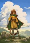anthro belt cape clothed clothing cloud detailed_background felid feline female fully_clothed fur hair hi_res long_hair mammal mountain robe skitalets solo weapon