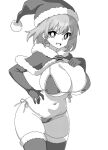  1girl breasts capelet cleavage cowboy_shot elbow_gloves fur-trimmed_capelet fur-trimmed_thighhighs fur_trim gloves greyscale groin hat large_breasts looking_at_viewer monochrome navel onkn_sxkn open_mouth santa_hat short_hair simple_background smile solo tatara_kogasa thighhighs touhou white_background 