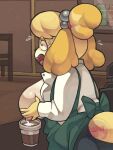 animal_crossing anthro apron beverage big_breasts bodily_fluids bottomwear breasts buckteeth canid canine canis clothed clothing coffee coffee_cup container cup domestic_dog female fur head_tuft hi_res huge_breasts isabelle_(animal_crossing) lactating lilbunpinky long_ears mammal milk nervous nintendo open_clothing open_shirt open_topwear pants shirt solo sweat sweatdrop teeth topwear tuft unbuttoned_shirt yellow_body yellow_fur