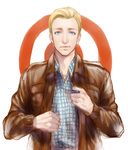 bad_id bad_pixiv_id blonde_hair blue_eyes casual jacket kanapy leather leather_jacket male_focus marvel solo steve_rogers 