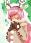 1girl animal_ear_hairband animal_ears antlers artist_name blush breath brown_mittens brown_sweater buttons christmas colored_eyepatch commentary_request crosshair_pupils cz2128_delta deer_ears eyepatch green_background green_eyes long_hair long_sleeves looking_at_viewer masiro mittens overlord_(maruyama) pink_hair pom_pom_(clothes) reindeer_antlers simple_background snowflake_print snowflakes snowman snowman_print solo sparkle star_(symbol) star_print sweater symbol-shaped_pupils turtleneck turtleneck_sweater upper_body very_long_hair warming_hands 