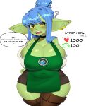 absurd_res apron blue_hair breasts cleavage clothed clothing dialogue ear_piercing ear_ring female goblin green_body green_skin hair hi_res humanoid humanoid_pointy_ears mishythesheep not_furry open_mouth piercing question_mark ring_piercing simple_background text thick_thighs white_background