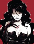  1girl artist_name black_dress black_gloves black_hair black_lips breasts chest_tattoo cleavage commentary dress elbow_gloves english_commentary fullmetal_alchemist gloves highres large_breasts long_hair looking_at_viewer lust_(fma) missfaves off-shoulder_dress off_shoulder ouroboros red_background red_eyes simple_background solo tattoo wavy_hair 