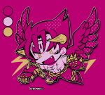  1boy chain chibi claws color_guide devil_jin facial_mark fang feathered_wings forehead_jewel horns kazama_jin kotorai male_focus open_mouth pants pectorals pink_background punching signature solo studded_gloves tekken topless_male wings 