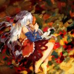  1girl barefoot blue_sleeves closed_eyes closed_mouth commentary_request detached_sleeves dress kaigen_1025 long_hair lying multicolored_clothes multicolored_dress on_side sakata_nemuno sleeping sleeveless sleeveless_dress solo touhou very_long_hair white_background 