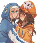  1boy 1girl androgyne_symbol anger_vein aqua_eyes blonde_hair blush bridget_(guilty_gear) brown_eyes brown_hair cabbie_hat guilty_gear guilty_gear_strive habit hat hat_ornament highres hood hood_up hooded_jacket hoodie jacket long_hair long_sleeves looking_at_another looking_at_viewer may_(guilty_gear) medium_hair mil17459623 open_clothes open_hoodie orange_headwear orange_hoodie otoko_no_ko skull_and_crossbones skull_hat_ornament 