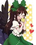  bird blush blush_stickers bow brown_hair cape chick closed_eyes hair_bow heart long_hair open_mouth pentagon polka_dot polka_dot_background ponytail reiuji_utsuho skirt solo third_eye touhou wings 