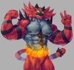 2023 abs anthro barazoku biceps digital_media_(artwork) fire generation_7_pokemon grey_background hi_res incineroar male mixterart muscular muscular_anthro muscular_male muscular_thighs nintendo nipples pecs pokemon pokemon_(species) quads simple_background smile solo tail teeth thick_thighs