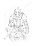 3:4 anthro armor belt clothed clothing dragon gauntlets gloves handwear holding_object holding_weapon horn looking_at_viewer male melee_weapon pauldron scalie sketch skitalets smoke solo sword weapon
