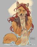 abstract_background anthro biped breasts canid canine female fox fur hair hi_res long_hair mammal nude red_hair skitalets solo tongue tongue_out water