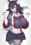 absurd_res anthro big_breasts biped bottomwear breasts canid canine clothed clothing eyelashes female fur hi_res huge_breasts kakuteki11029 looking_at_viewer mammal multicolored_body navel pupils skirt smile wide_hips
