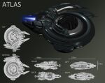  3d abyssal-specter battlecruiser_(eve_online) commentary concept_art eve_online gallente_federation_(eve_online) highres military_vehicle multiple_views no_humans original reference_sheet science_fiction spacecraft thrusters vehicle_focus 