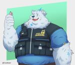 absurd_res anthro bandage bandage_on_face belly belt blue_eyes canid canine canis clothing domestic_dog fur gesture hi_res lifewonders live_a_hero male mammal mindof nordic_sled_dog overweight pouch_(clothing) samoyed solo spitz thumbs_up topwear vest white_body white_fur yohack