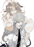  1boy 1girl :d ? ahoge black_necktie blue_archive closed_eyes coffee_mug collared_shirt cup fang grey_hair grey_shirt hair_intakes halo highres holding holding_cup horns hug hug_from_behind kasumi_(blue_archive) light_blush long_sleeves mug musical_note necktie ran_(bearsoymilk) sensei_(blue_archive) shirt simple_background sketch skin_fang smile spitting upper_body white_background 