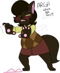 2017 3_toes 4_fingers ?! alpha_channel anthro asking_self barefoot biped black_eyebrows black_eyelashes black_mouth black_nose black_text black_whiskers blush bodily_fluids bottomwear brown_body brown_bottomwear brown_clothing brown_ears brown_fur brown_hair brown_skirt brown_tail brown_topwear brown_tuft brown_vest buckteeth cadence_bonaventura cat_tail checkered_clothing checkered_topwear checkered_vest cheek_tuft chokovit_(artist) clothed clothed_anthro clothed_female clothing colored digital_drawing_(artwork) digital_media_(artwork) domestic_cat english_text exclamation_point eyebrow_through_hair eyebrows eyewear facial_tuft feet felid feline felis female fingers fluffy fluffy_tail fur glasses green_eyes hair hi_res long_tail looking_for_glasses mammal narrowed_eyes pattern_clothing pattern_topwear pattern_vest pawpads pink_inner_ear pink_pawpads pink_tongue prick_ears question_mark shirt simple_background skirt solo speech_bubble squint sweat tail teeth text toes tongue topwear translucent translucent_hair transparent_background tuft vest yellow_clothing yellow_sclera yellow_shirt yellow_topwear york_chocolate