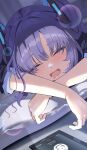  1girl absurdres arona&#039;s_sensei_doodle_(blue_archive) blue_archive cellphone close-up closed_eyes drooling highres long_hair mouth_drool open_mouth phone portrait purple_hair sensei_(blue_archive) sleeping smartphone smile solo suit sysen yuuka_(blue_archive) 