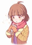  1girl ahoge atari_(puyopuyo) brown_coat brown_eyes brown_hair brown_mittens coat cropped_torso eyelashes food food_on_face highres holding holding_food jazz_grace looking_at_food mittens purple_shirt puyopuyo puyopuyo_quest red_scarf scarf shirt short_hair simple_background solo sparkle sweet_potato white_background winter_clothes 