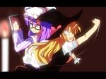  arm_up bad_id bad_pixiv_id bag bespectacled blonde_hair blurry book candle capelet depth_of_field failure frown glasses gradient gradient_background haruhi0816 hat hat_ribbon kirisame_marisa letterboxed long_hair long_sleeves looking_at_another motion_lines multiple_girls open_mouth patchouli_knowledge profile purple_eyes purple_hair ribbon short_sleeves skirt sweatdrop teeth touhou vest witch_hat yellow_eyes 